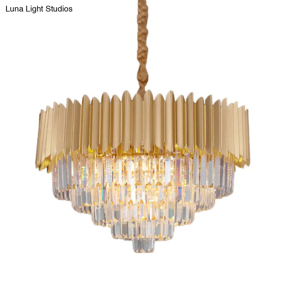 Contemporary Gold Crystal Chandelier With Tapered Faceted Rectangle Design - 4/8 Bulb Parlor Hanging