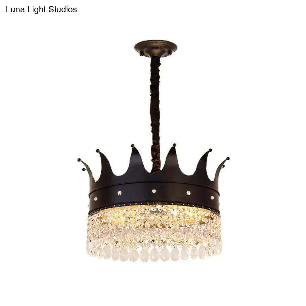 Contemporary 4-Bulb Black Pendant Chandelier With Crystal Droplet - Crown Shape Metal Suspension