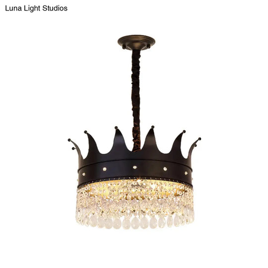 Contemporary 4-Bulb Black Pendant Chandelier With Crystal Droplet - Crown Shape Metal Suspension