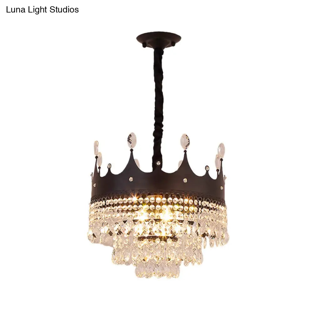 Modern Crown-Shaped Black Pendant Chandelier With Crystal Droplets - 4-Bulb Metal Suspension