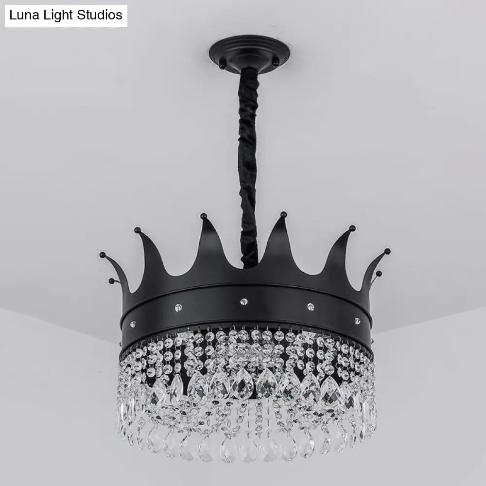 Modern Crown-Shaped Black Pendant Chandelier With Crystal Droplets - 4-Bulb Metal Suspension