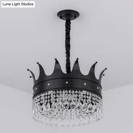 Modern Crown-Shaped Black Pendant Chandelier With Crystal Droplets - 4-Bulb Metal Suspension