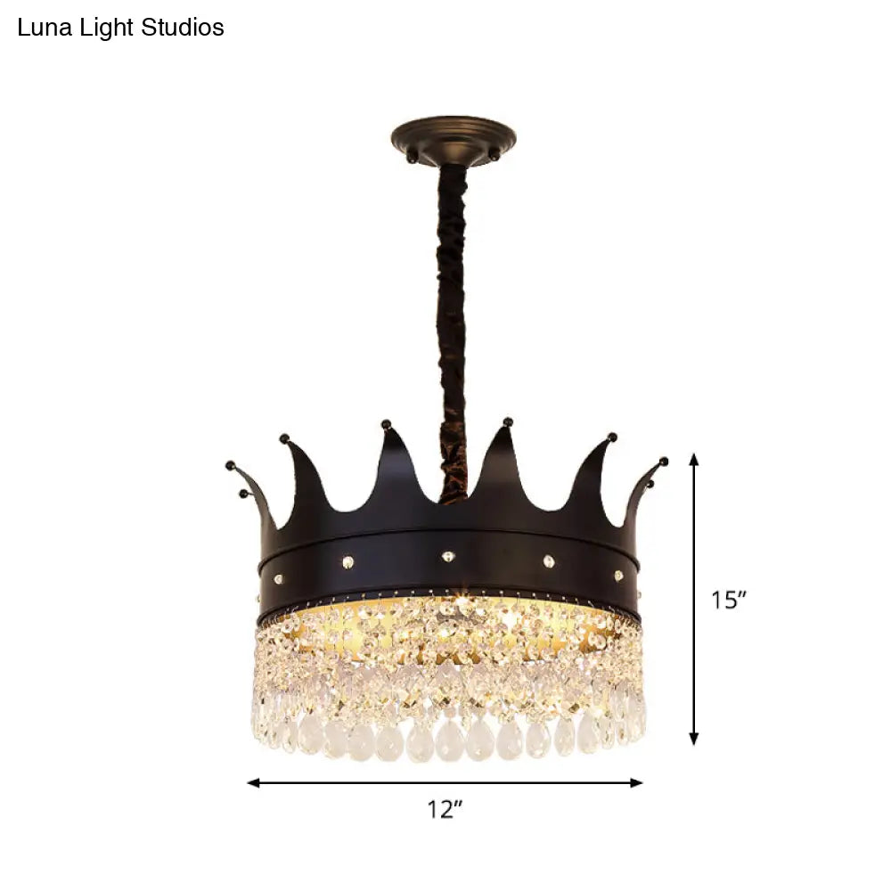 Contemporary 4-Bulb Black Pendant Chandelier With Crystal Droplet - Crown Shape Metal Suspension