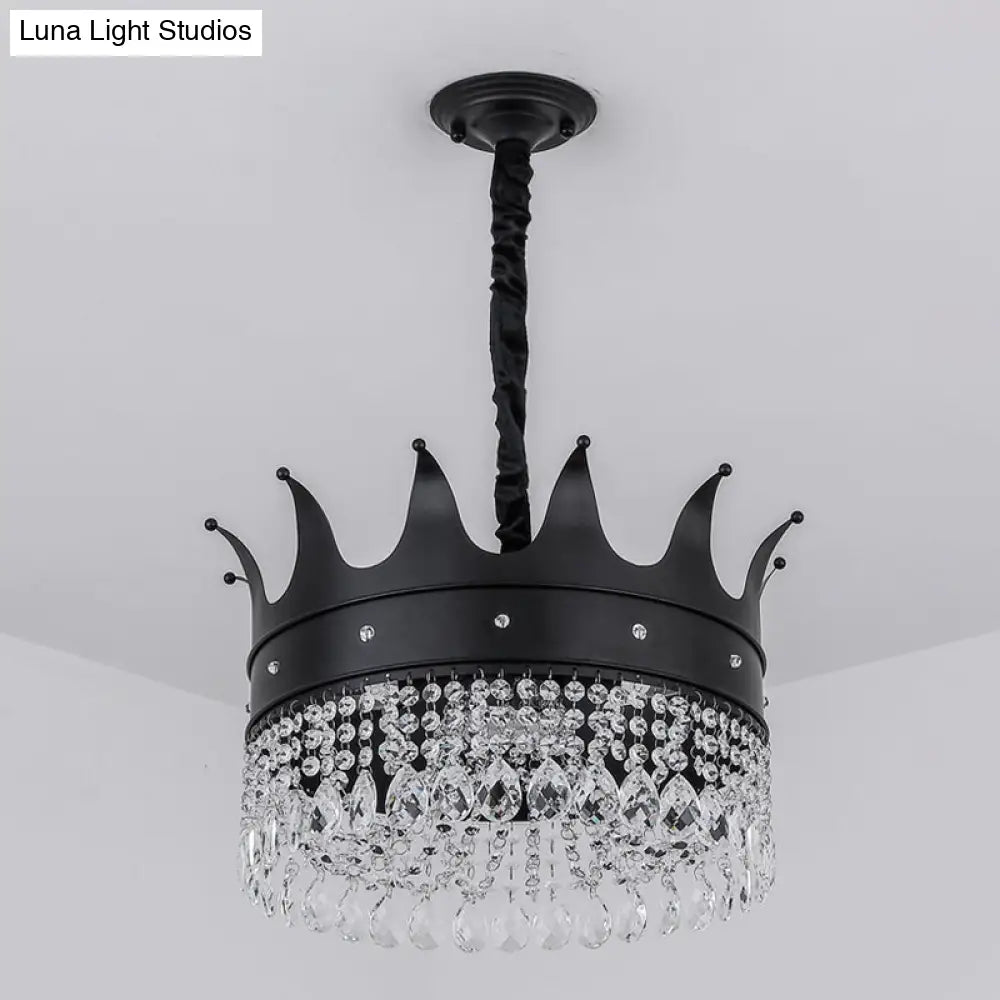 Contemporary 4-Bulb Black Pendant Chandelier With Crystal Droplet - Crown Shape Metal Suspension