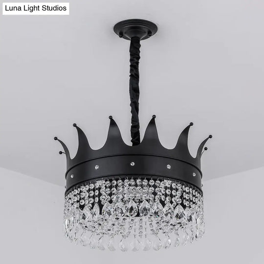 Contemporary 4-Bulb Black Pendant Chandelier With Crystal Droplet - Crown Shape Metal Suspension