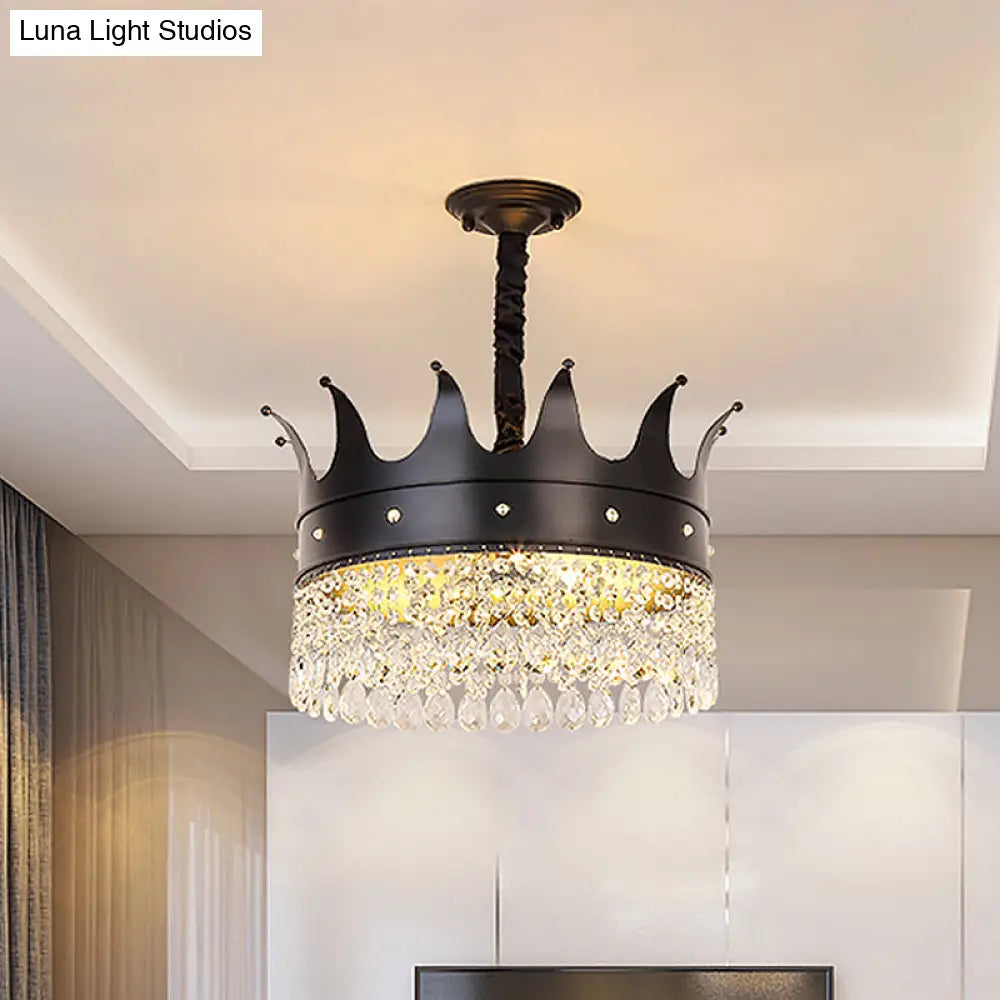 Contemporary 4-Bulb Black Pendant Chandelier With Crystal Droplet - Crown Shape Metal Suspension