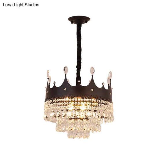 Contemporary 4-Bulb Black Pendant Chandelier With Crystal Droplet - Crown Shape Metal Suspension