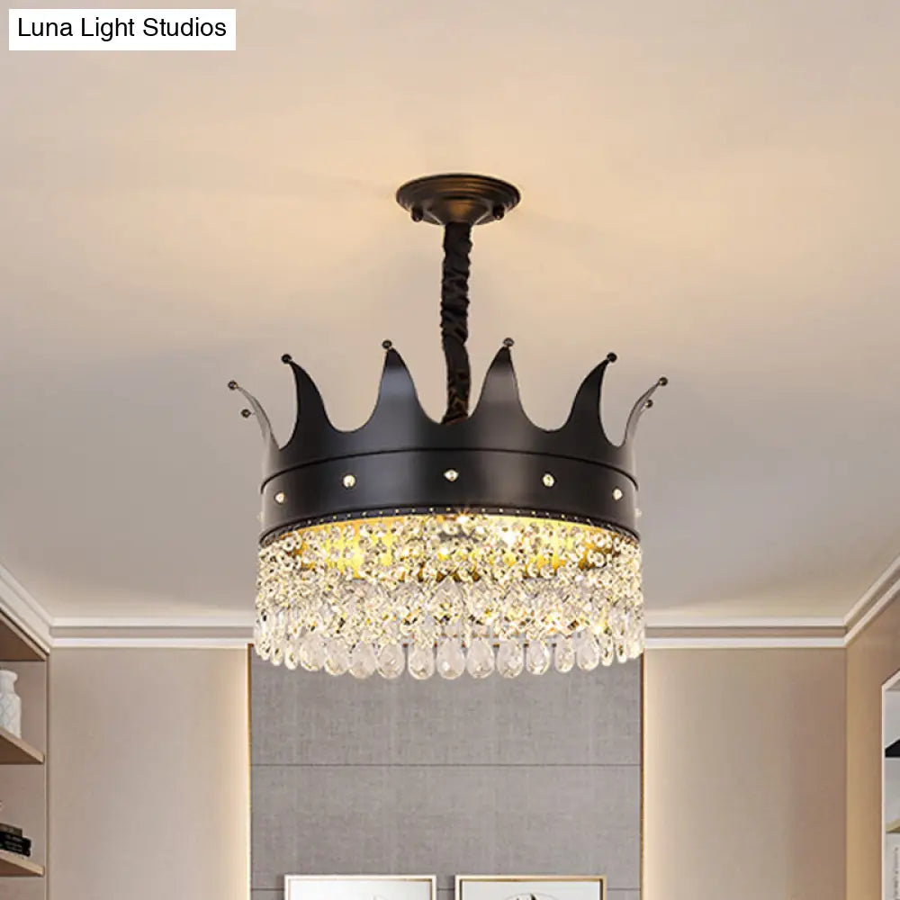 Modern Crown-Shaped Black Pendant Chandelier With Crystal Droplets - 4-Bulb Metal Suspension