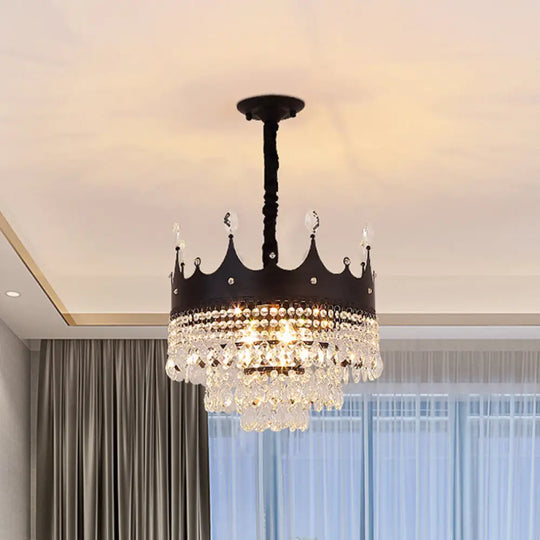 Contemporary 4-Bulb Black Pendant Chandelier With Crystal Droplet - Crown Shape Metal Suspension