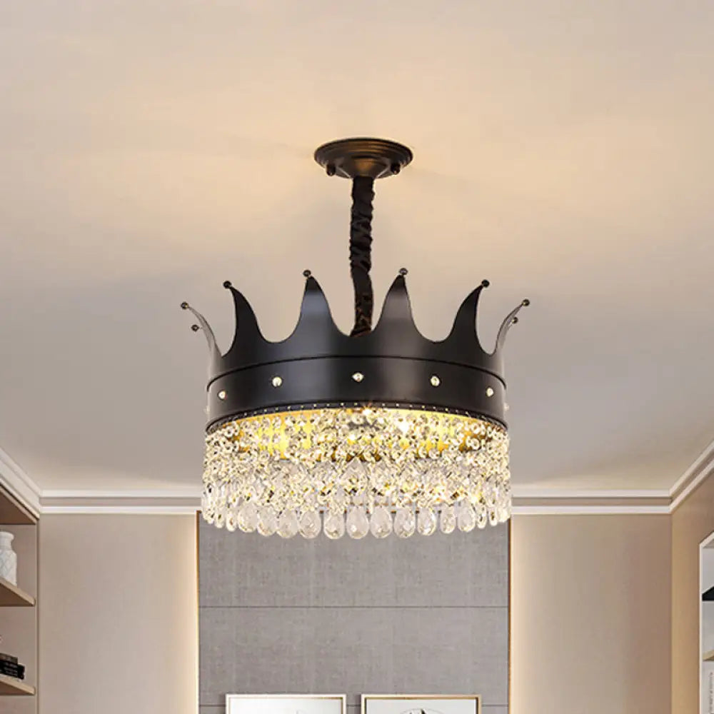 Contemporary 4-Bulb Black Pendant Chandelier With Crystal Droplet - Crown Shape Metal Suspension