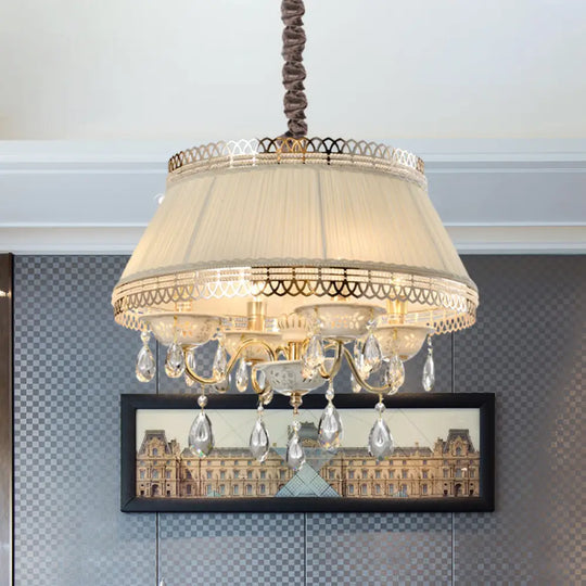 Contemporary 4-Bulb Pendant Chandelier With Beige Fabric Drum Shade And Crystal Down Lighting