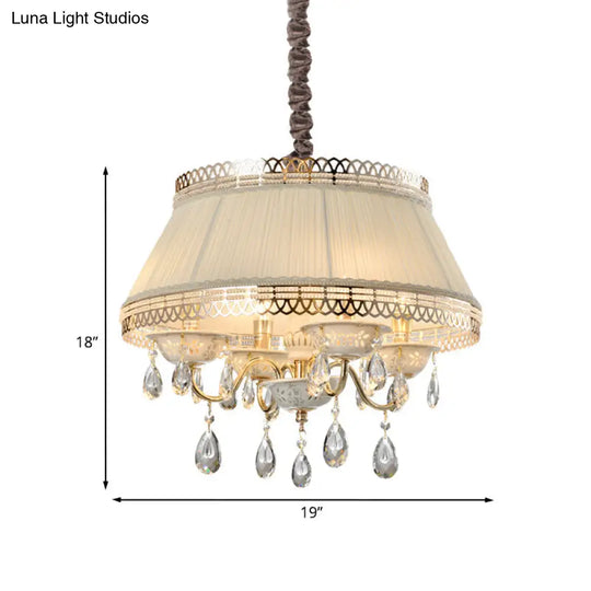 Beige Fabric Drum Chandelier With Crystal Down Lighting - Modern 4 Bulbs Pendant