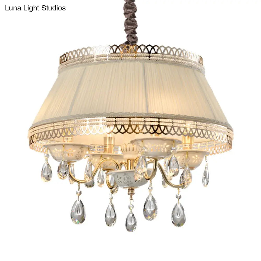 Contemporary 4-Bulb Pendant Chandelier With Beige Fabric Drum Shade And Crystal Down Lighting