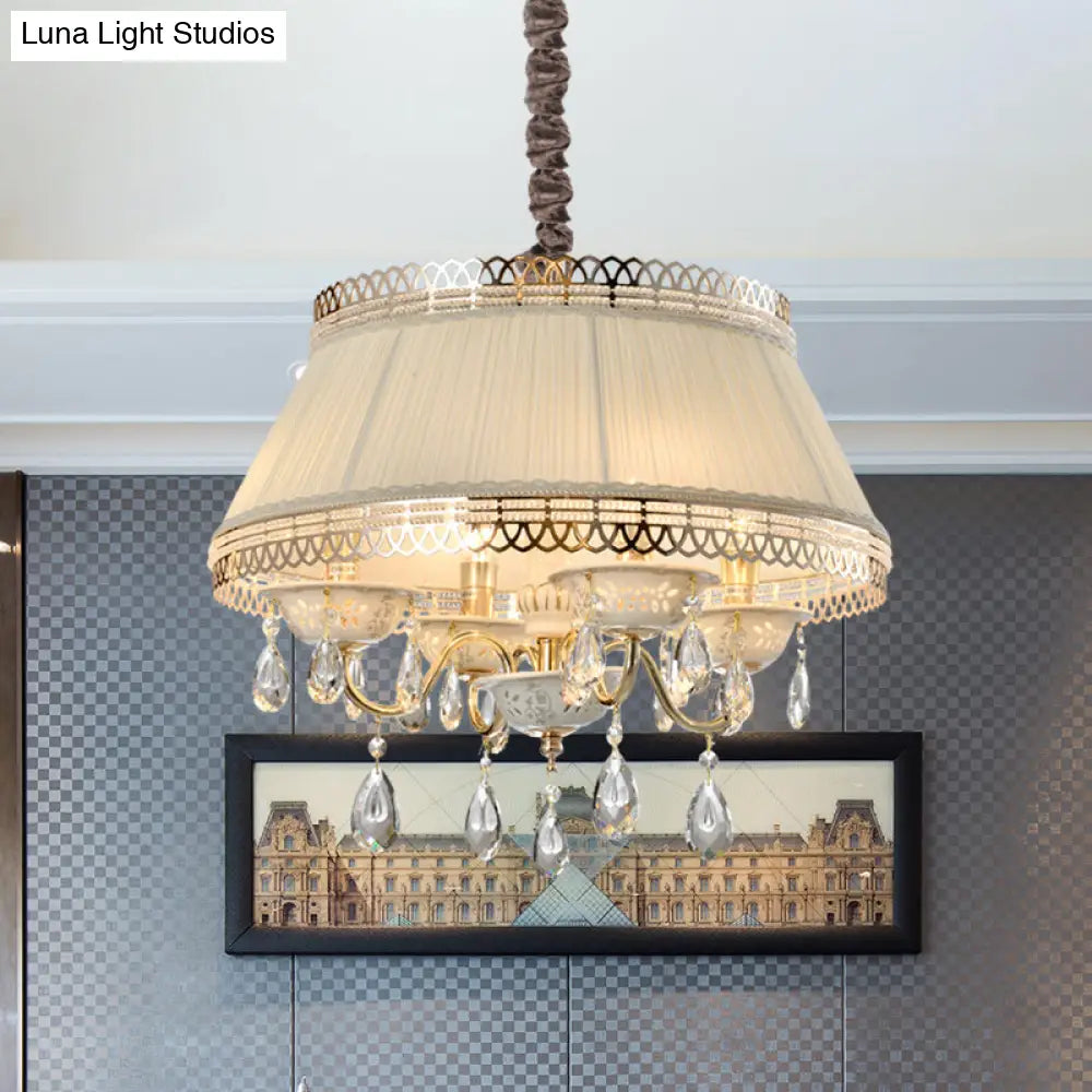 Beige Fabric Drum Chandelier With Crystal Down Lighting - Modern 4 Bulbs Pendant