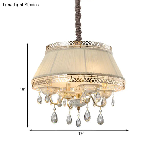 Contemporary 4-Bulb Pendant Chandelier With Beige Fabric Drum Shade And Crystal Down Lighting