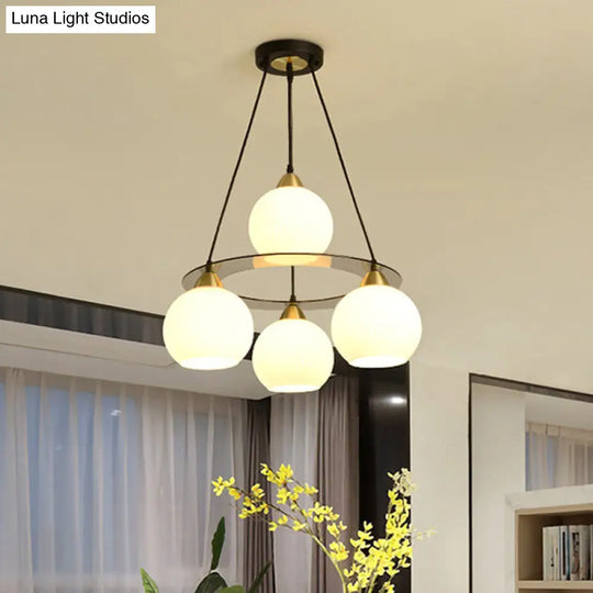 Modern 4-Head Chandelier Light: Black & Gold Spherical Ceiling Lamp With Opal Glass Shade