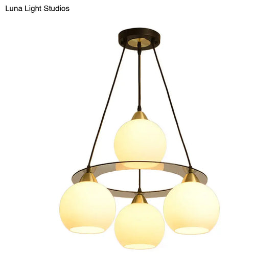 Modern 4-Head Chandelier Light: Black & Gold Spherical Ceiling Lamp With Opal Glass Shade