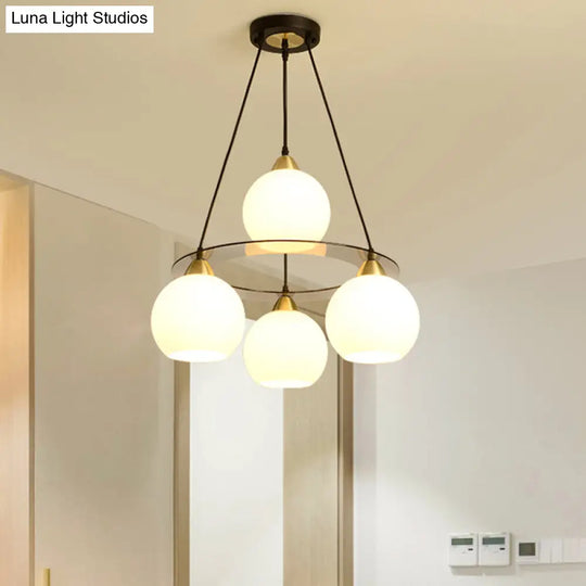 Modern 4-Head Chandelier Light: Black & Gold Spherical Ceiling Lamp With Opal Glass Shade