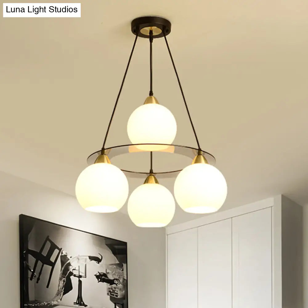 Modern 4-Head Chandelier Light: Black & Gold Spherical Ceiling Lamp With Opal Glass Shade Black-Gold