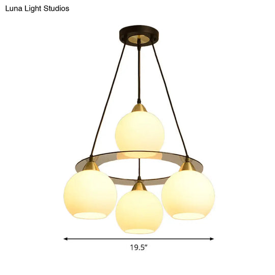 Modern 4-Head Chandelier Light: Black & Gold Spherical Ceiling Lamp With Opal Glass Shade