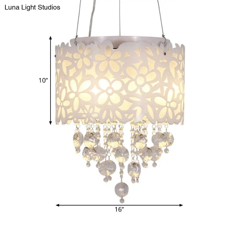 Contemporary Metal Chandelier With White Drum Shades And Crystal Droplets - 4-Headed Lighting