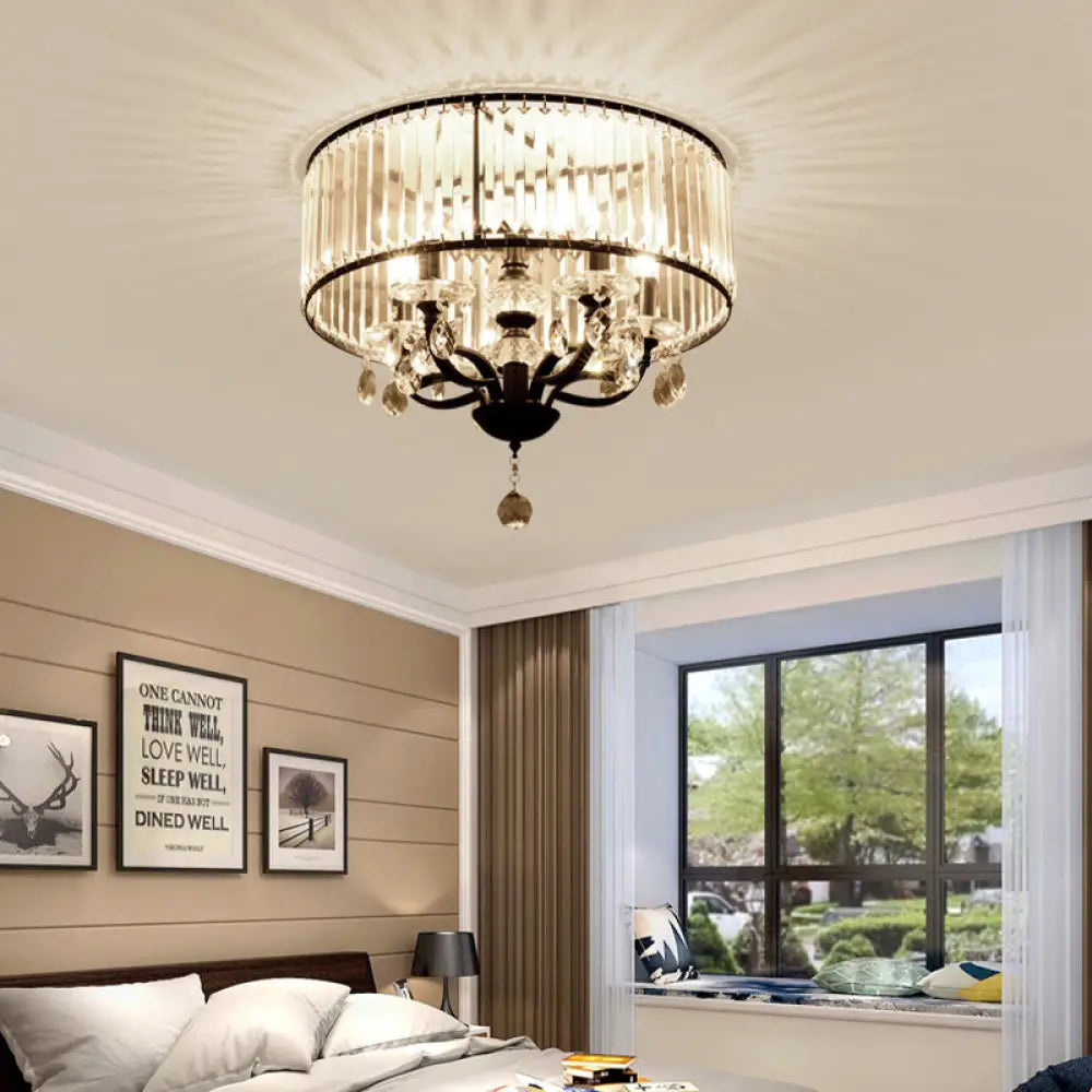 Contemporary 4 - Head Semi Flush Crystal Light Fixture: Round Block Design In Black With White