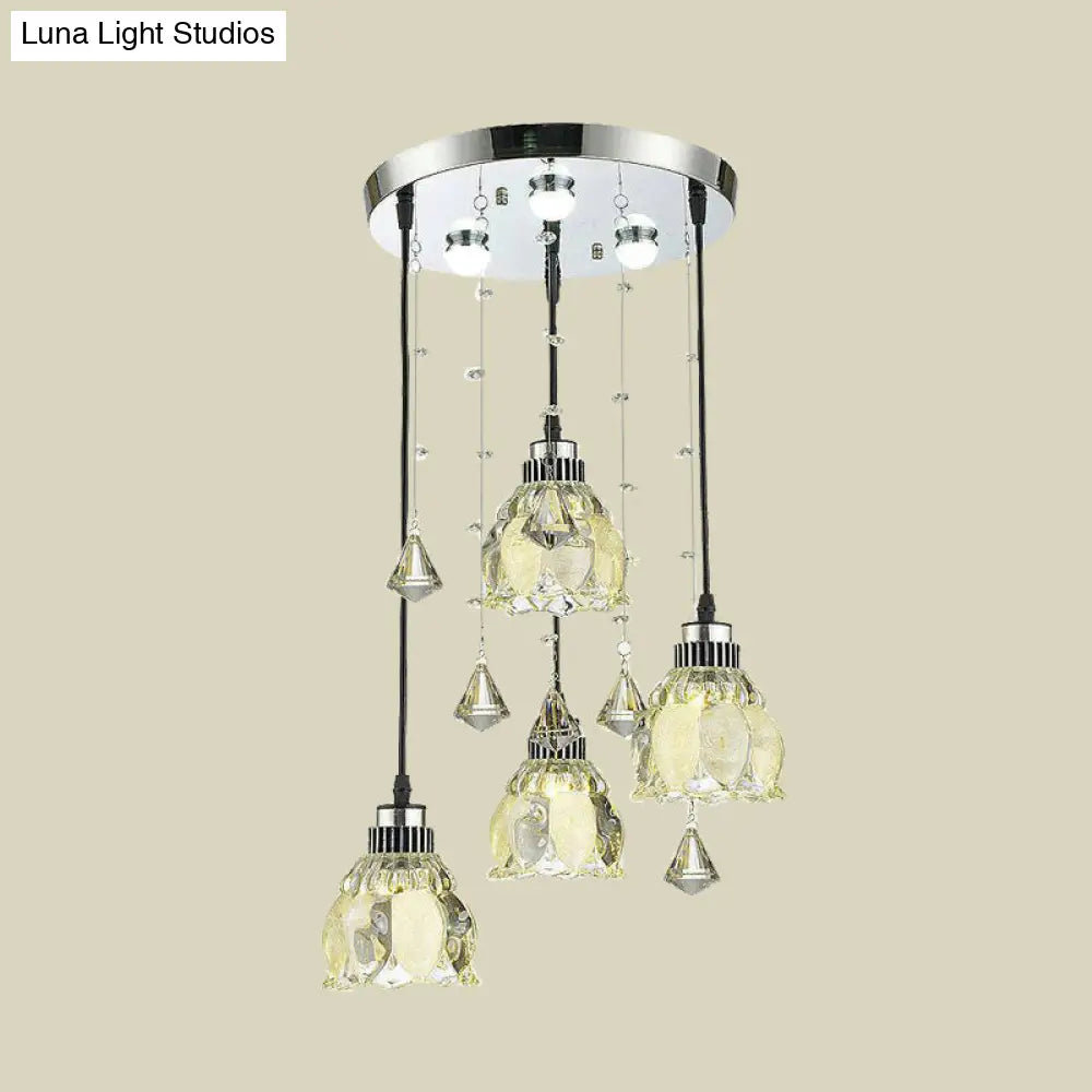 Contemporary 4-Light Crystal Lotus Pendant Lamp - Chrome Hanging Fixture Kit