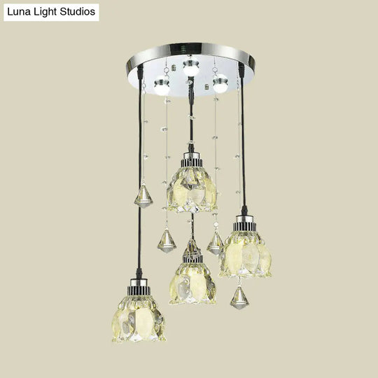 Contemporary 4-Light Crystal Lotus Pendant Lamp - Chrome Hanging Fixture Kit