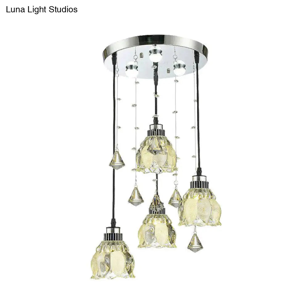 Contemporary Crystal Lotus Shade Pendant Lamp With 4-Bulb Chrome Hanging Light Kit