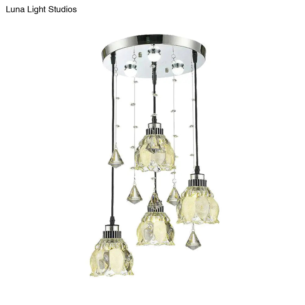 Contemporary 4-Light Crystal Lotus Pendant Lamp - Chrome Hanging Fixture Kit