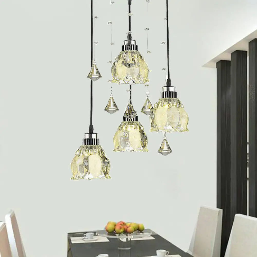 Contemporary 4-Light Crystal Lotus Pendant Lamp - Chrome Hanging Fixture Kit