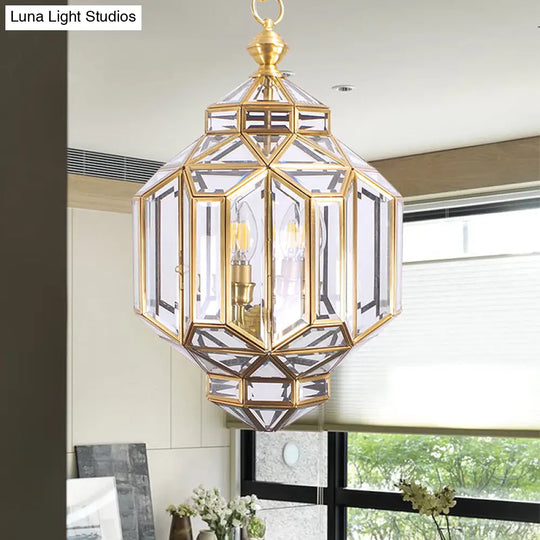 Contemporary 4-Light Lantern Chandelier With Clear Glass Shades Brass Hanging Lamp For Living Room