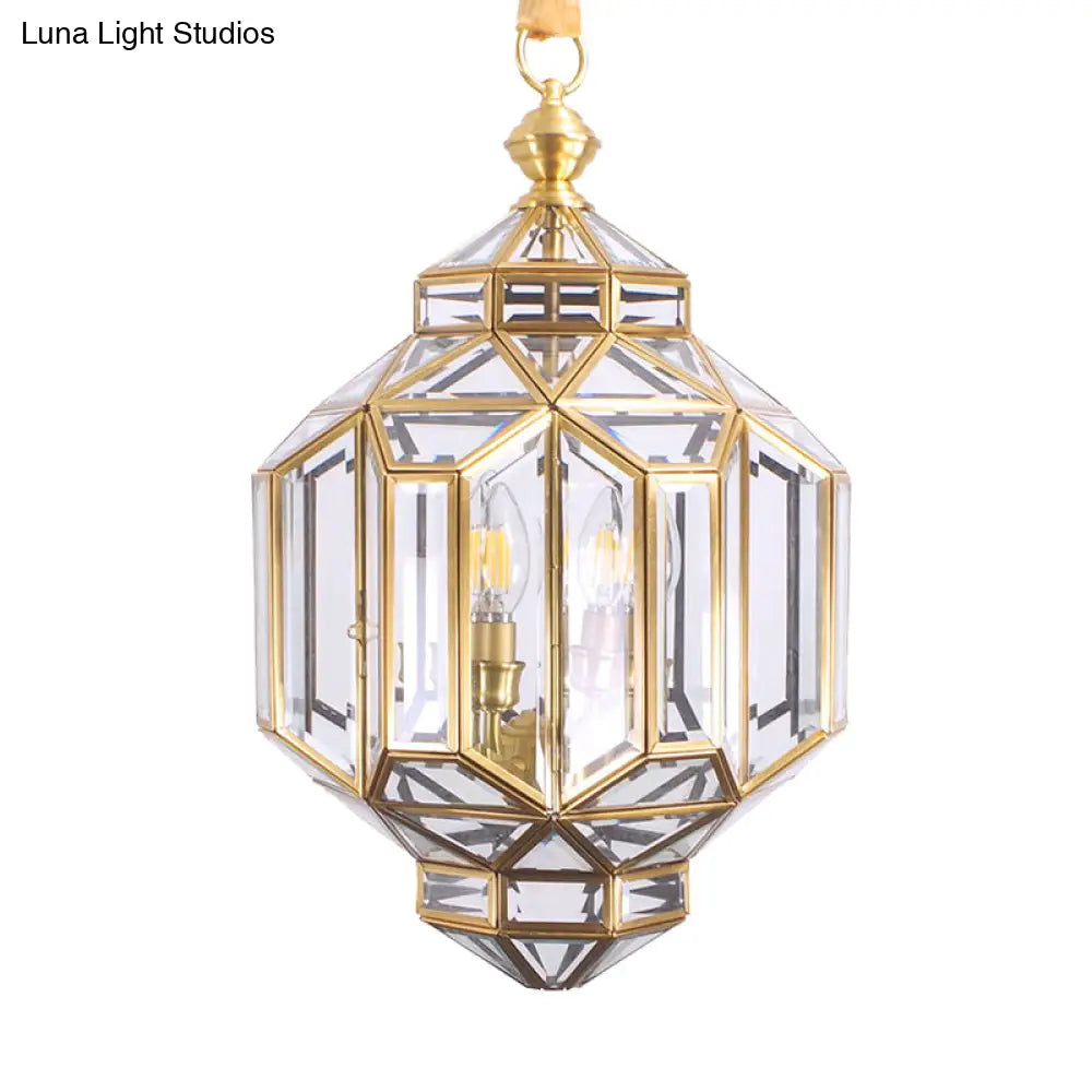 Contemporary 4-Light Lantern Chandelier With Clear Glass Shades Brass Hanging Lamp For Living Room