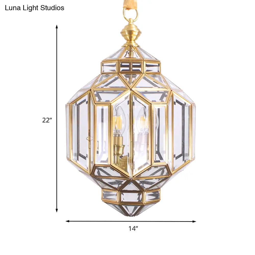 Contemporary 4-Light Lantern Chandelier With Clear Glass Shades Brass Hanging Lamp For Living Room