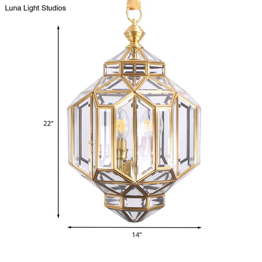 Contemporary 4-Light Lantern Chandelier With Clear Glass Shades Brass Hanging Lamp For Living Room