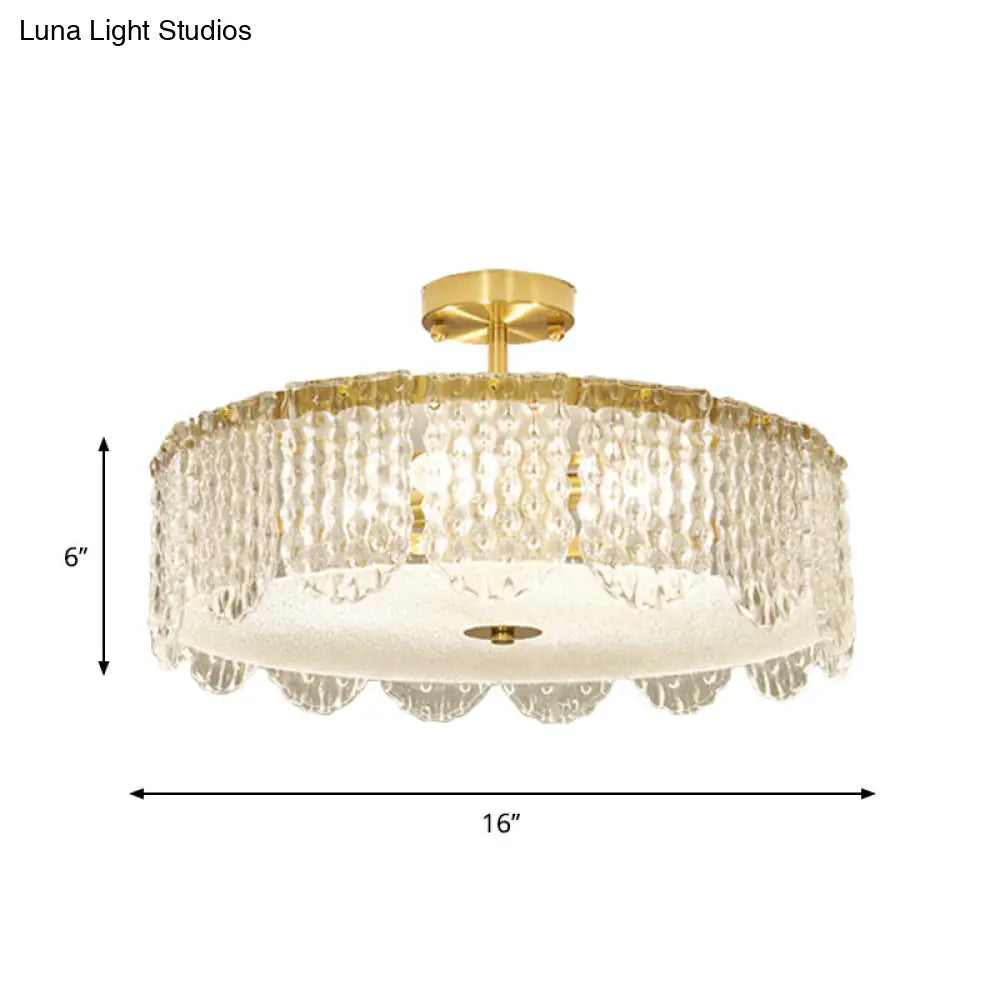 Contemporary 4-Light Semi Flush Mount Gold Lamp With Beveled Glass Drum Design
