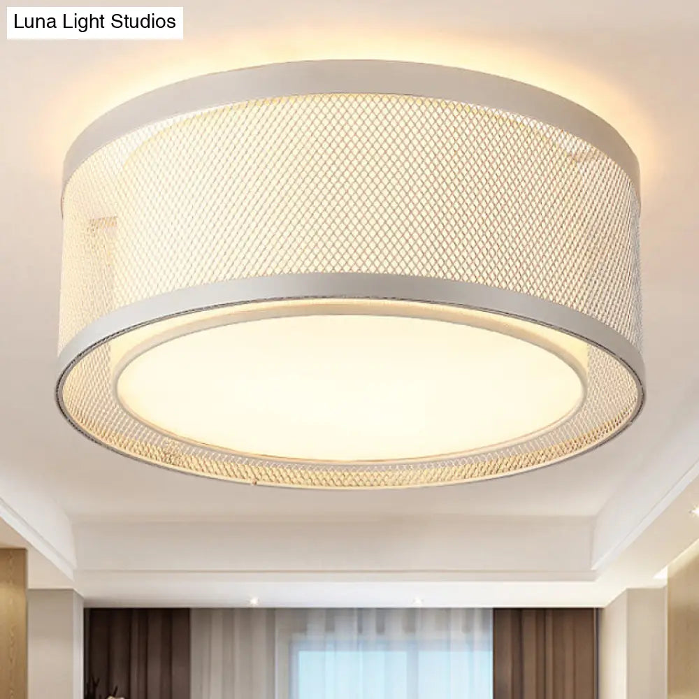 Contemporary 4-Light Silver Metal Drum Flush Mount Ceiling Lamp With Frosted Diffuser