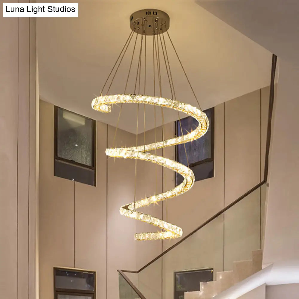 Contemporary Led Chandelier With Clear Crystal Blocks In Stainless Steel 4-Tier Spiral Design