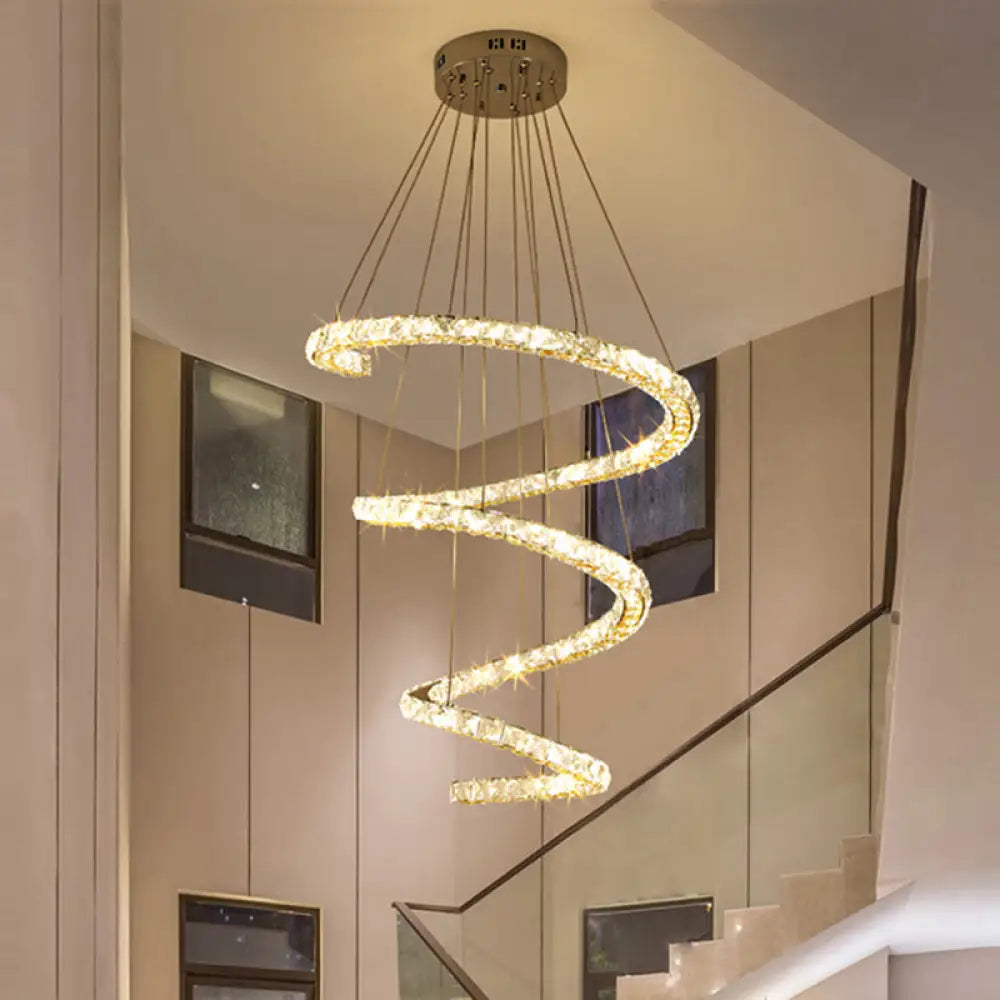 Contemporary 4-Tier Spiral Clear Crystal Pendant Led Chandelier In Stainless Steel For Living Room