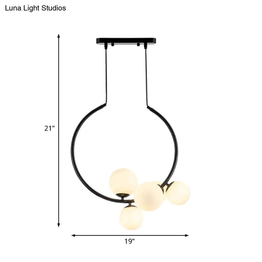 Contemporary 5-Bulb Chandelier - White/Black Orb Ceiling Lamp With Milky Glass Shade