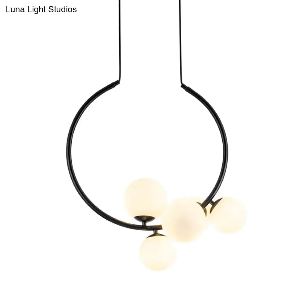 5-Bulb Orb Chandelier With Milky Glass Shade: Modern Ceiling Light In White/Black