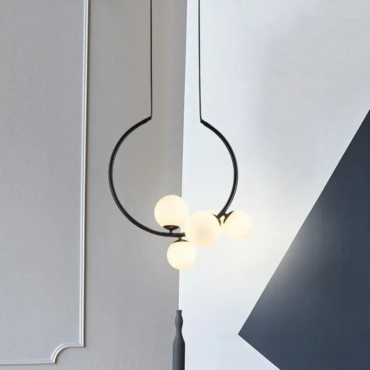 Contemporary 5-Bulb Chandelier - White/Black Orb Ceiling Lamp With Milky Glass Shade Black