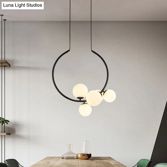 Contemporary 5-Bulb Chandelier - White/Black Orb Ceiling Lamp With Milky Glass Shade