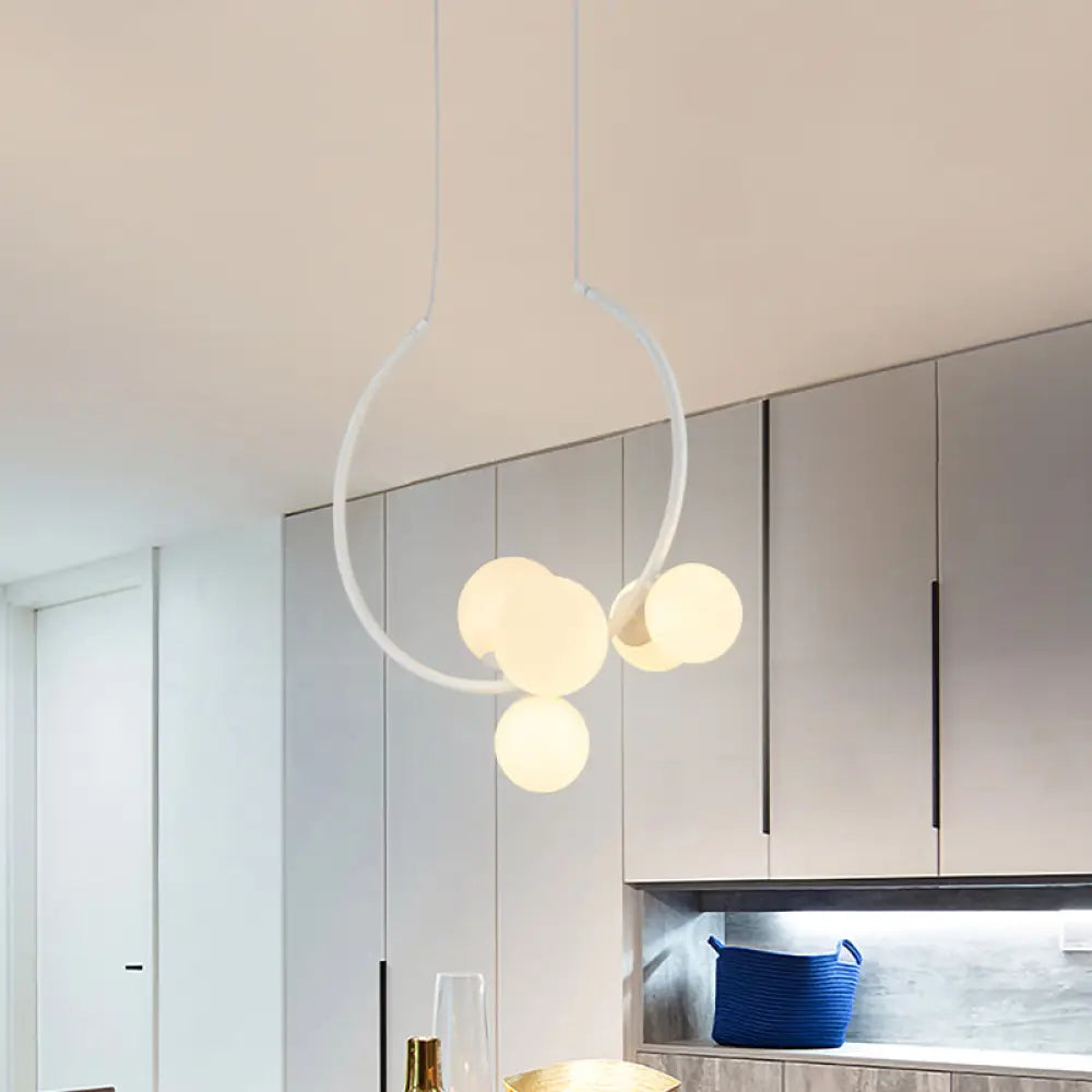 Contemporary 5-Bulb Chandelier - White/Black Orb Ceiling Lamp With Milky Glass Shade White