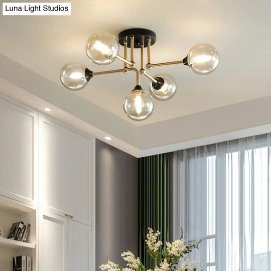 Contemporary 5 - Light Semi Flush Gold/Black Sphere Ceiling Lamp With Clear Glass Shade