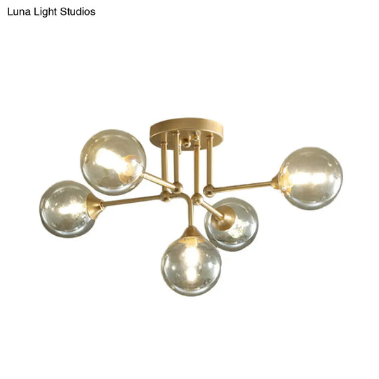 Modern Semi Flush 5-Light Gold/Black Sphere Ceiling Lamp With Clear Glass Shade