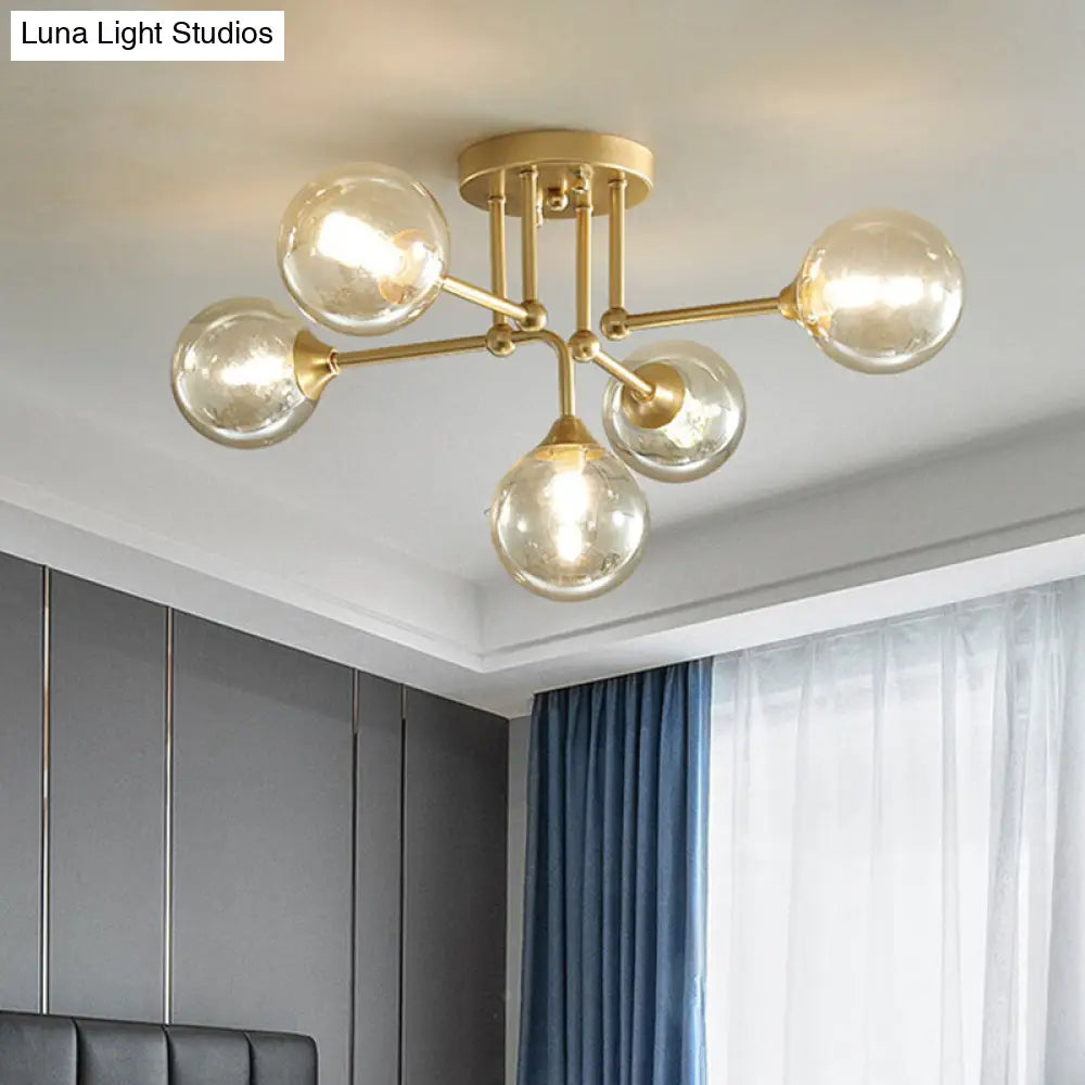 Modern Semi Flush 5-Light Gold/Black Sphere Ceiling Lamp With Clear Glass Shade Gold