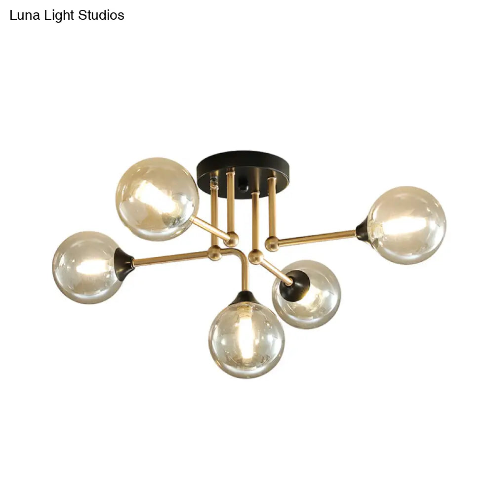 Contemporary 5 - Light Semi Flush Gold/Black Sphere Ceiling Lamp With Clear Glass Shade