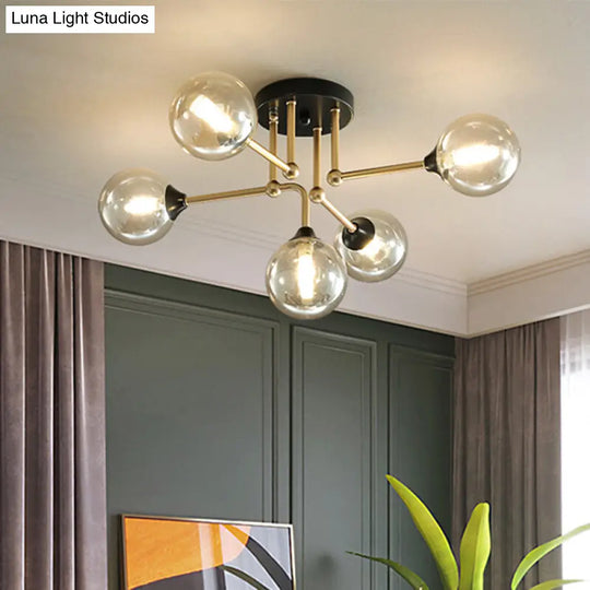 Modern Semi Flush 5-Light Gold/Black Sphere Ceiling Lamp With Clear Glass Shade Black-Gold