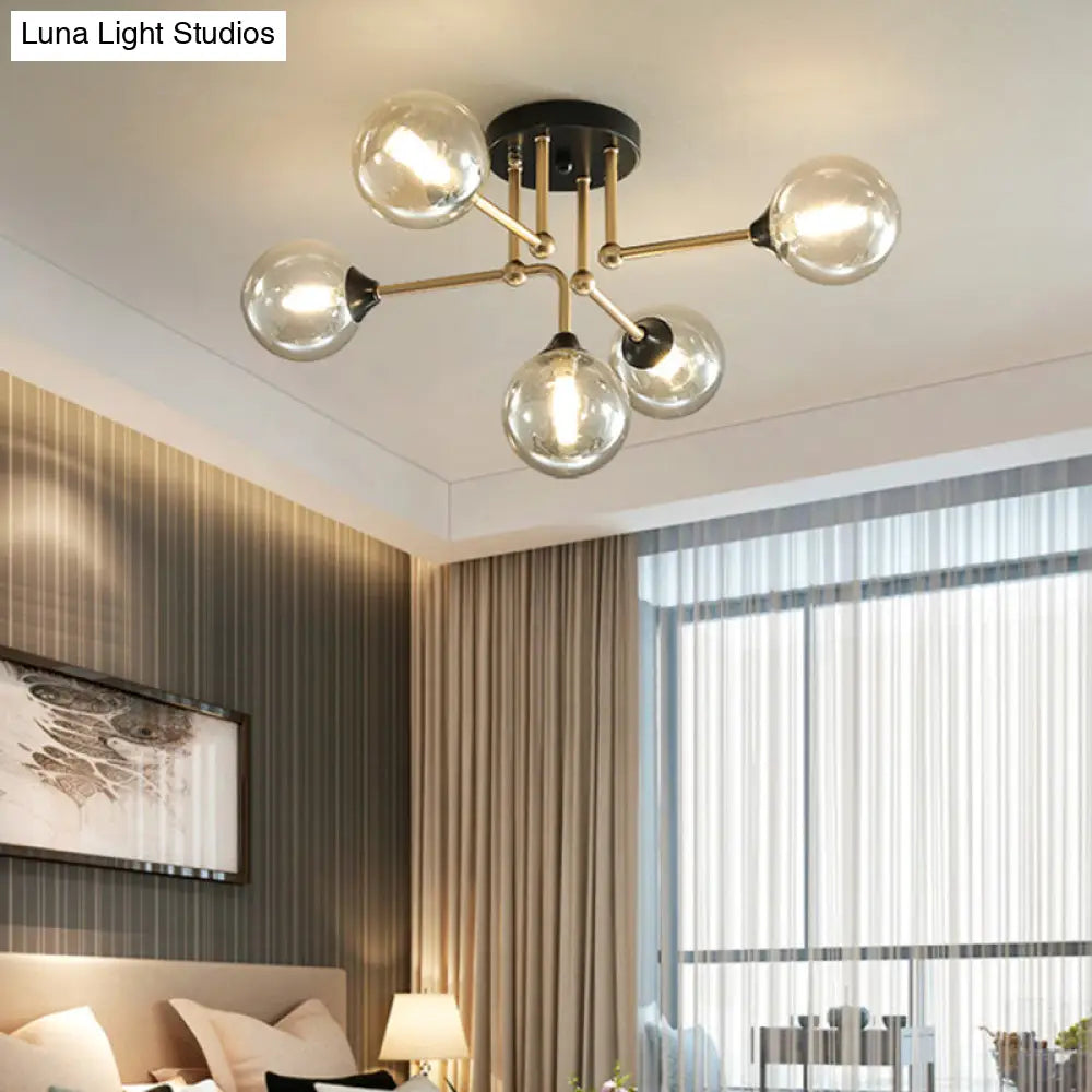 Modern Semi Flush 5-Light Gold/Black Sphere Ceiling Lamp With Clear Glass Shade